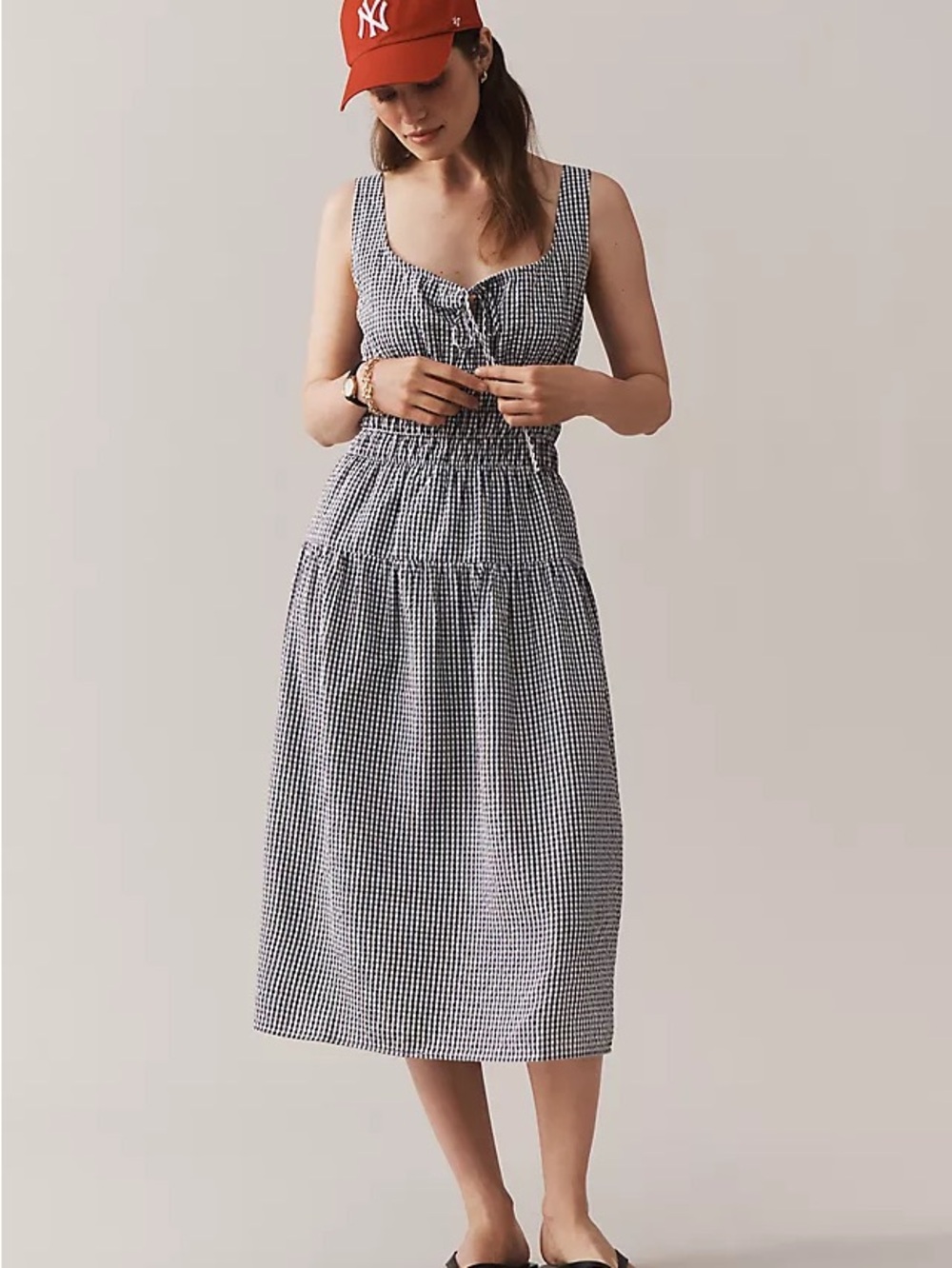 WAYF Black White Gingham Smocked Midi Dress Size Small